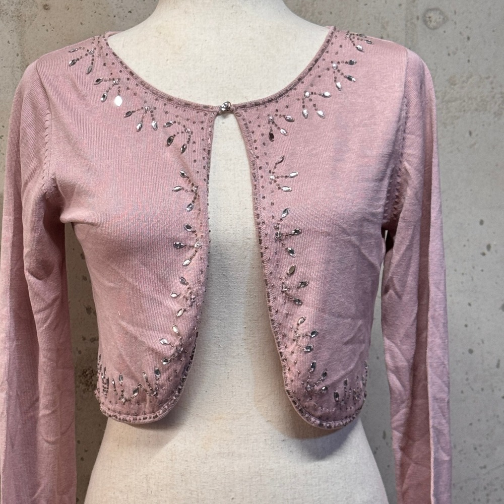 Shu Shu Silk Cropped Cardigan Womens Small Pink Beaded Shrug Bolero Coquette
